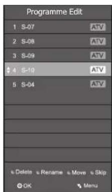 Programme Edit 1 S-07 ATV 2 S-08 ATV 3 S-09 ATV 4 S-10 ATV 5 S-04 ATV Delete Rename Move Skip OK Menu