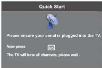 Quick Start Please ensure your aerial is plugged into the TV. Now press OK The TV will tune all channels, please wait.
