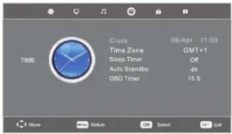 TIME Clock 06/Apr 11:09 Time Zone GMT+1 Sleep Timer Off Auto Standby 4h OSD Timer 15 S Move Wind Return OK Select Exit Exit