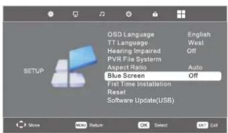 SETUP OSD Language TT Language Hearing Impaired PVR File System Aspect Ratio Blue Screen First Time Installation Reset Software Update(USB) English West Off Auto Off