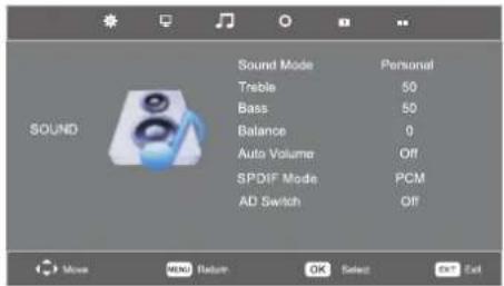 Sound Mode Trable Bass Balance Auto Volume SPDIF Mode AD Switch Personal 50 50 0 Off PCM Off