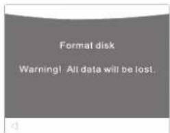 Format disk Warning! All data will be lost.