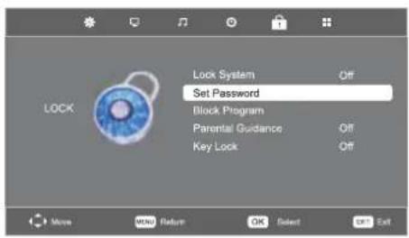 Lock System Set Password Block Program Parental Guidance Key Lock Off Off OK Select OK Exit