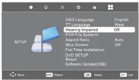 SETUP OSD Language English TT Language West Hearing Impaired Off PVR File System Aspect Ratio Auto Blue Screen Off Fist Time Installation DVD SETUP Reset Software Update(USB)