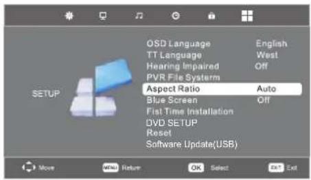 SETUP OSD Language TT Language Hearing Impaired PVR File System Aspect Ratio Blue Screen First Time Installation DVD SETUP Reset Software Update(USB) English West Off Auto Off OK Select Exit Ext