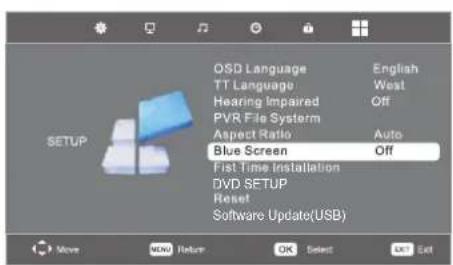 OSQ Language TT Language Hearing Impaired PVR File System Aspect Ratio Blue Screen First Time Installation DVD SETUP Reset Software Update(USB) English West Off Auto Off