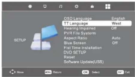 OSD Language TT Language Hearing Impaired PVR File System Aspect Ratio Blue Screen First Time Installation DVD SETUP Reset Software Update(USB) English West Off Auto Off USE More MENU Return OK Select OK Exit