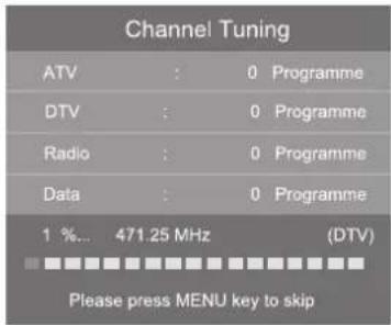 Channel Tuning ATV : 0 Programme DTV : 0 Programme Radio : 0 Programme Data : 0 Programme 1 %... 471.25 MHz (DTV) Please press MENU key to skip