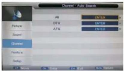 Channel - Auto Search AB ENTER DTV ENTER ATV ENTER Channel Feature Setup More Can Value Can End View Status