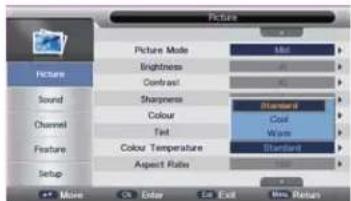 Picture Picture Mode Brightness Contrast Sharpness Colour Text Colour Temperature Aspect Ratio Sound Channel Feature Setup Mio F Standard Cost Warm Standard None Cn Enter Ex Exit Max. Return
