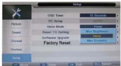 Setup OSO Timer 15 Seconds PC Setup ENTER Home Mode Home Reset TV Setting Max Brightness Software Upgrade Home Max Economy Factory Reset Channel Feature Setup +/- None On Timer Get Back Move Settings