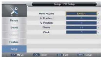 Setup - PC Setup Auto Adjust ENTER H Position 0 V Position 0 Phase 14 Clock 0 Picture Sound Feature Setup Move OK Enter Exit New Return