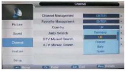 Channel Picture Sound Channel Feature Setup Channel Management Favorite Management Country Auto Search DTV Manual Search ATV Manual Search ENTER ENTER UK Germany UK France Italy Open