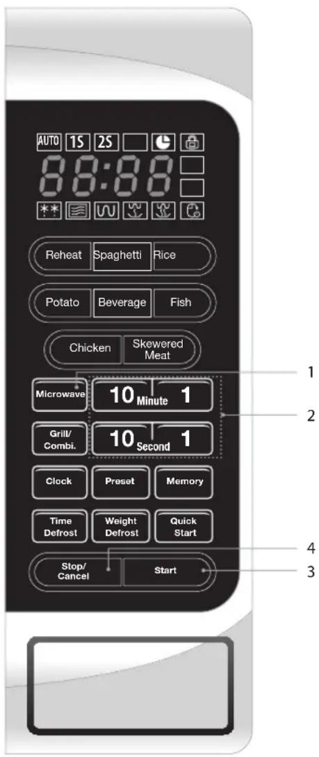 AUTO 1S 2S 8:00:00 Reheat Spaghetti Rice Potato Beverage Fish Chicken Skewered Meat Microwave 10 Minute 1 Grill/Combi. 10 Second 1 Clock Preset Memory Time Defrost Weight Defrost Quick Start Stop/Cancel Start 1 2 4 3