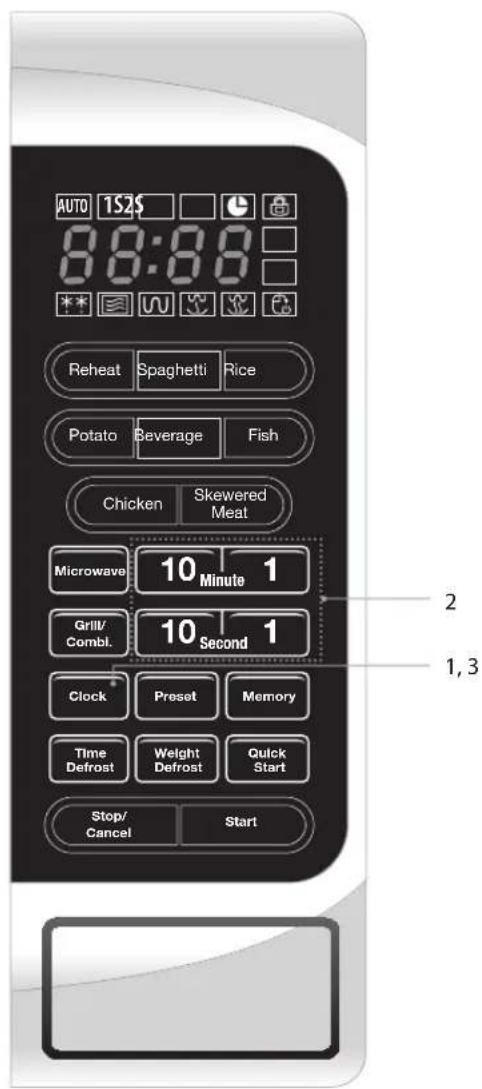 AUTO 1S2$ 8:8:8 Reheat Spaghetti Rice Potato Beverage Fish Chicken Skewered Meat Microwave 10 Minute 1 Grill/Combl. 10 Second 1 Clock Preset Memory Time Defrost Weight Defrost Quick Start Stop/Cancel Start 2 1,3