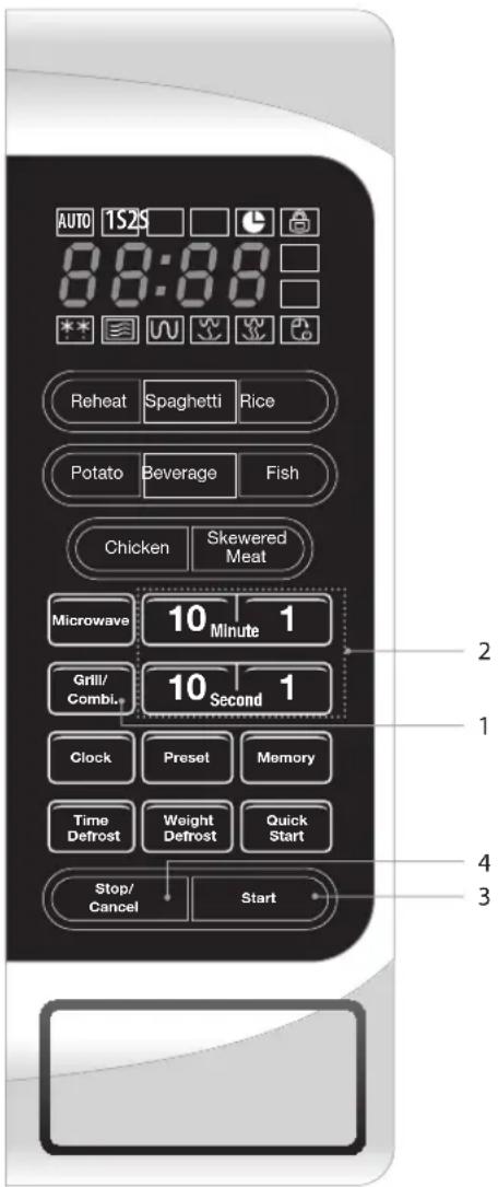 AUTO 1S2S 8:00:00 Reheat Spaghetti Rice Potato Beverage Fish Chicken Skewered Meat Microwave 10 Minute 1 Grill/Combl. 10 Second 1 Clock Preset Memory Time Defrost Weight Defrost Quick Start Stop/Cancel Start 2 1 4 3