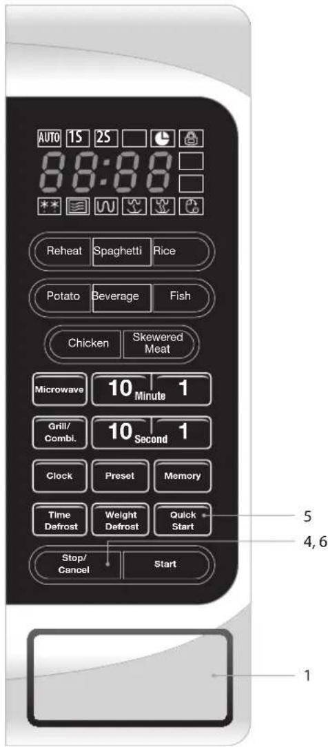AUTO 15 25 8:0:00 Reheat Spaghetti Rice Potato Beverage Fish Chicken Skewered Meat Microwave 10 Minute 1 Grill/Combl. 10 Second 1 Clock Preset Memory Time Defrost Weight Defrost Quick Start Stop/Cancel Start 5 4,6 1