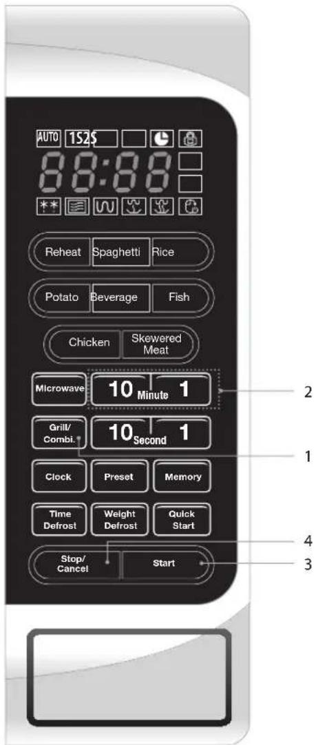 AUTO 152$ 8:00:00 Reheat Spaghetti Rice Potato Beverage Fish Chicken Skewered Meat Microwave 10 Minute 1 Grill/Combl. 10 Second 1 Clock Preset Memory Time Defrost Weight Defrost Quick Start Stop/Cancel Start 2 1 4 3