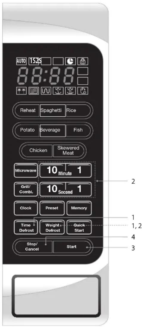 AUTO 1S2S 8:00:00 Reheat Spaghetti Rice Potato Beverage Fish Chicken Skewered Meat Microwave 10 Minute 1 Grill/Combi. 10 Second 1 Clock Preset Memory Time Defrost Weight Defrost Quick Start Stop/Cancel Start 2 1, 2 4 3
