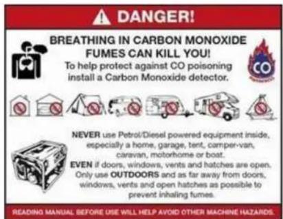 DANGER! BREATHING IN CARBON MONOXIDE FUMES CAN KILL YOU! To help protect against CO poisoning install a Carbon Monoxide detector. NEVER use Petrol/Diesel powered equipment inside, especially a home, garage, tent, camper-van, caravan, motorhome or boat. EVEN if doors, windows, vents and hatches are open. Only use OUTDOORS and as far away from doors, windows, vents and open hatches as possible to prevent inhaling fumes. READING MANUAL BEFORE USE WILL HELP AVOID OTHER MACHINE HAZARDS.
