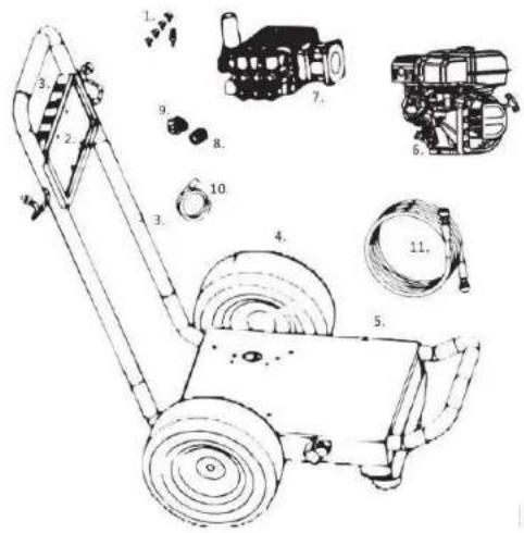 Technical diagram of a mechanical device with numbered components and exploded view views