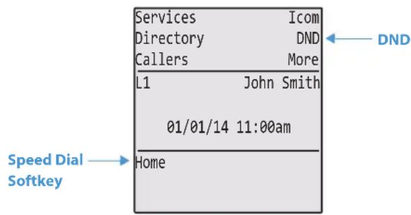 Services Icom Directory DND Callers More L1 John Smith 01/01/14 11:00am Home Speed Dial Softkey