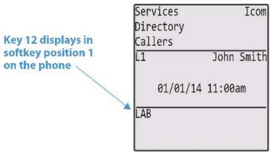 Key 12 displays in softkey position 1 on the phone Services Icom Directory Callers L1 John Smith 01/01/14 11:00am LAB