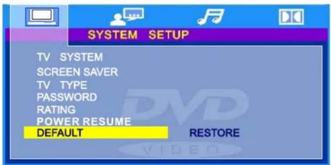 SYSTEM SETUP TV SYSTEM SCREEN SAVER TV TYPE PASSWORD RATING POWER RESUME DEFAULT RESTORE