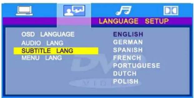 LANGUAGE SETUP OSD LANGUAGE AUDIO LANG SUBTITLE LANG MENU LANG ENGLISH GERMAN SPANISH FRENCH PORTUGUESE DUTCH POLISH