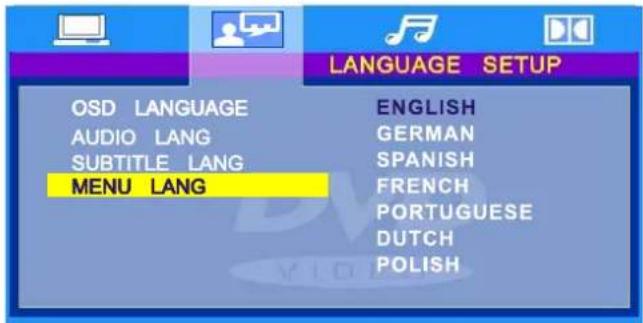 LANGUAGE SETUP OSD LANGUAGE ENGLISH AUDIO LANG GERMAN SUBTITLE LANG SPANISH MENU LANG FRENCH PORTUGUESE DUTCH POLISH