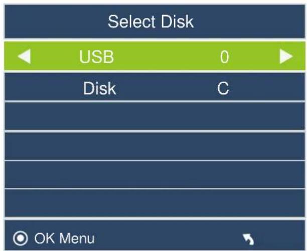 Select Disk USB 0 Disk C OK Menu