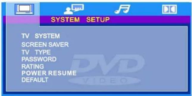 SYSTEM SETUP TV SYSTEM SCREEN SAVER TV TYPE PASSWORD RATING POWER RESUME DEFAULT