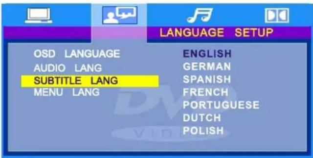LANGUAGE SETUP OSD LANGUAGE AUDIO LANG SUBTITLE LANG MENU LANG ENGLISH GERMAN SPANISH FRENCH PORTUGUESE DUTCH POLISH