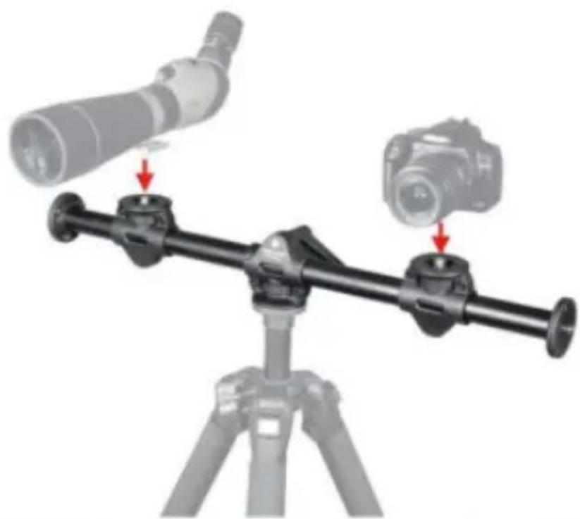 Diagram of a tripod-mounted optical instrument with two cameras mounted on top, showing alignment and adjustment arrows (no text or symbols)
