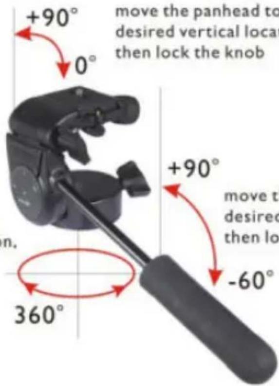 +90° 0° move the panhead to desired vertical locat then lock the knob +90° move the desired then lock -60° 360°
