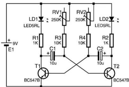 9V E1 + 9V LD1 LED5RL R1 1K C1 10u T1 BC547B RV1 250K R3 10K R4 10K C2 10u R2 1K RV2 250K LD2 LED5RL T2 BC547B