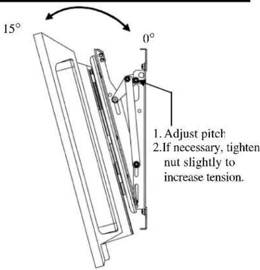 15° 0° 1. Adjust pitch 2. If necessary, tighten nut slightly to increase tension.