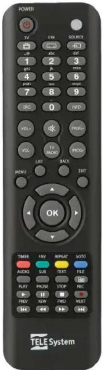 POWER TV STR SOURCE 1 2 3 ghiJK RMO 4 5 6 pass Tew wept 7 8 9 BPG 0 NFO VOL+ OK PROG+ VOL- TV PADO PROG- LIST BACK MENU EXIT OK TIMER FAV REPEAT GOTO AUDIO SUB TEXTsr FILE PLAY PNUSE STOP RIC PREY REV FWD NEXT H&R << >> HI TELE System