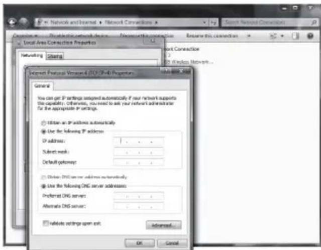 Network and Internet > Network Connections Local Area Connection Properties Networking Sharing Internet Features Version 4 (TCP/IPM) Properties General You can get IP settings assigned automatically if your network supports the capability. Otherwise, you need to ask your network administrator for the appropriate IP settings. □ ticken an IP address automatically ● Use the following IP address: IP address: .... .... Submit work: .... .... Default gateway: .... .... ○ Other DNS server address automatically ● Use the following DNS server addresses: Preferred DNS server: .... .... Alternate DNS server: .... .... □ validate settings open exit Advanced... OK Cancel