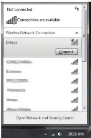 Not connected Connections are available Wireless Network Connection Linksys Connect Open Network and Sharing Center 10:30 AM
