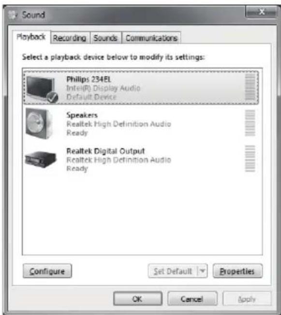 Sound Playback Recording Sounds Communications Select a playback device below to modify its settings: Philips 234EL Intel® Display Audio Default Device Speakers Realtek High Definition Audio Ready Realtek Digital Output Realtek High Definition Audio Ready Configure Set Default Properties OK Cancel Apply