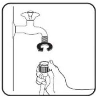 Illustration of a faucet and a hand holding a bucket, with no text or symbols present.