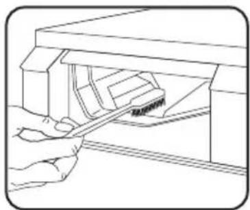 Line drawing of hands using a tool to adjust or install a component inside a cabinet (no text or symbols)