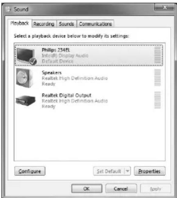 Sound Playback Recording Sounds Communications Select a playback device below to modify its settings: Philips 234EL Intel(R) Display Audio Default Device Speakers Realtek High Definition Audio Ready Realtek Digital Output Realtek High Definition Audio Ready Configure Set Default Properties OK Cancel Apply