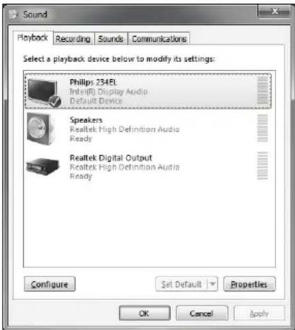 Sound Playback Recording Sounds Communications Select a playback device below to modify its settings: Philips 234EL Intel(R) Display Audio Default Device Speakers Realtek High Definition Audio Ready Realtek Digital Output Realtek High Definition Audio Ready Configure Set Default Properties OK Cancel Apply