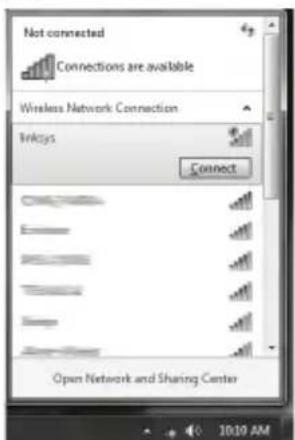 Not connected Connections are available Wireless Network Connection Linksys Connect Open Network and Sharing Center