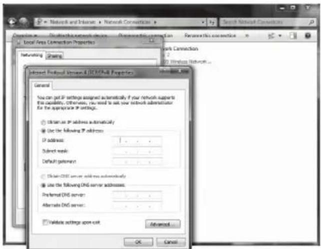 Network and Internet > Network Connection Search Network Connection Local Area Connection Properties Networking Share Network Connection 2 Windows Network... Internet Protocol Version & ICD/MSB Properties General You can get IP settings assigned automatically if your network supports the capability, otherwise, you need to set your network administrator for the appropriate IP settings. Obtain IP address automatically Use the following IP address: IP address: 1 ... ... Select name: 1 ... ... Default gateway: 1 ... ... Close DNS server address automatically Use the following DNS server addresses: Preferred DNS server: 1 ... ... Alternate DNS server: 1 ... ... Validate actions upon exit Advanced OK Cancel