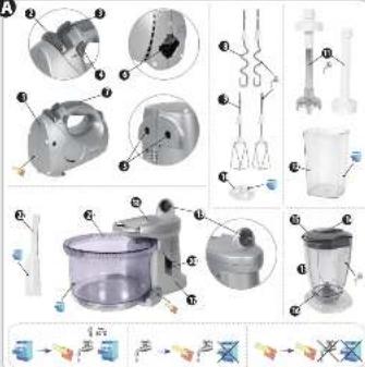 Exploded view diagram of kitchen appliances with numbered parts and a legend for lighting control buttons