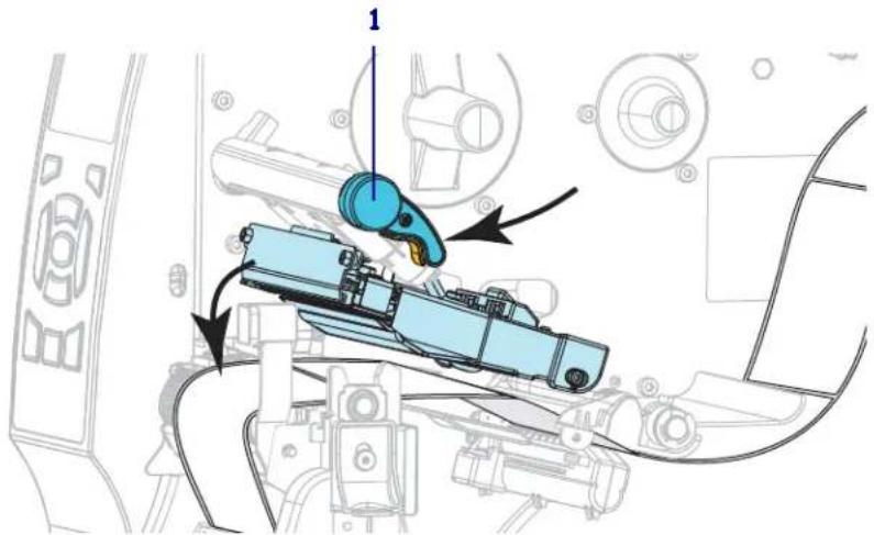 Technical diagram showing a mechanical assembly with labeled components and directional arrows indicating motion or assembly.