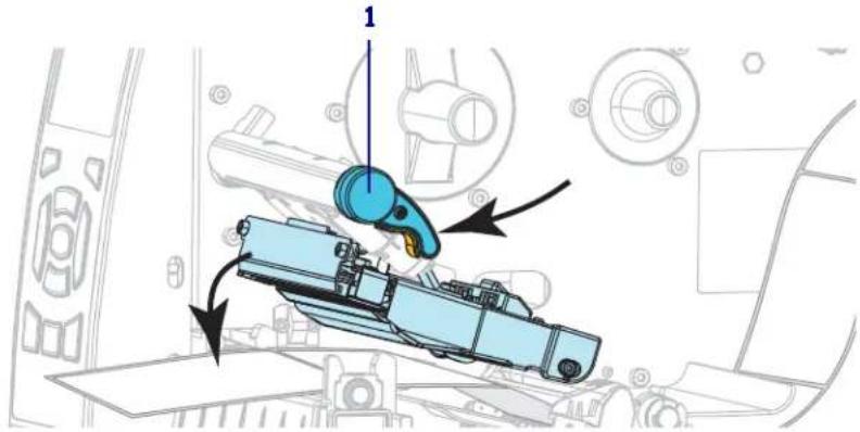Technical diagram showing a blue mechanical component with directional arrows indicating assembly or movement, labeled with number 1.